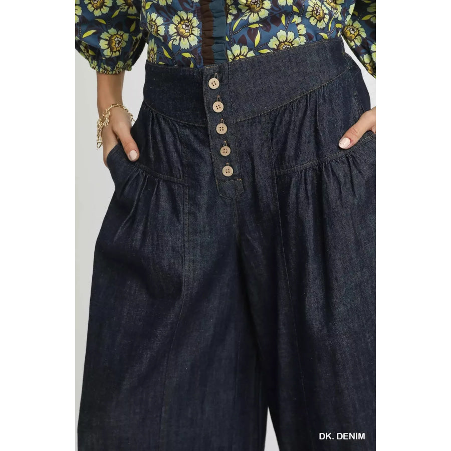 Umgee Stone Washed Wide-Leg Button-Front Culottes Apparel and Accessories