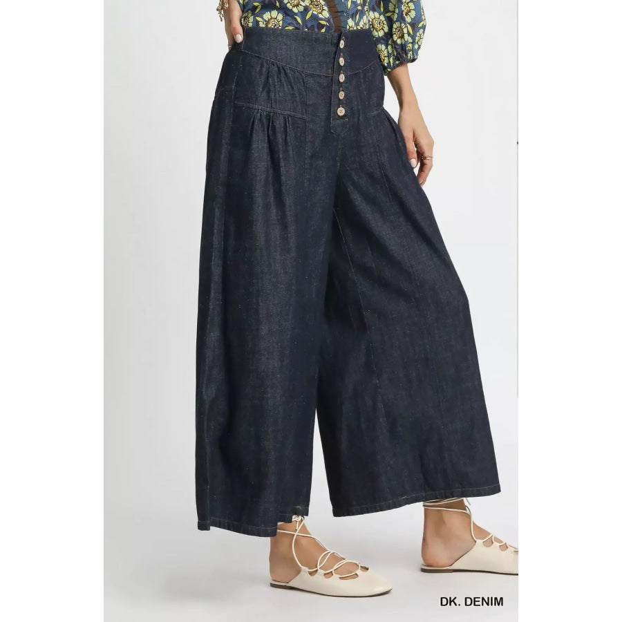 Umgee Stone Washed Wide-Leg Button-Front Culottes Apparel and Accessories