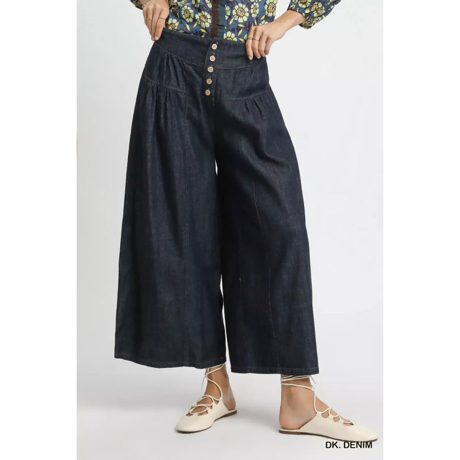Umgee Stone Washed Wide-Leg Button-Front Culottes DK. DENIM / S Apparel and Accessories