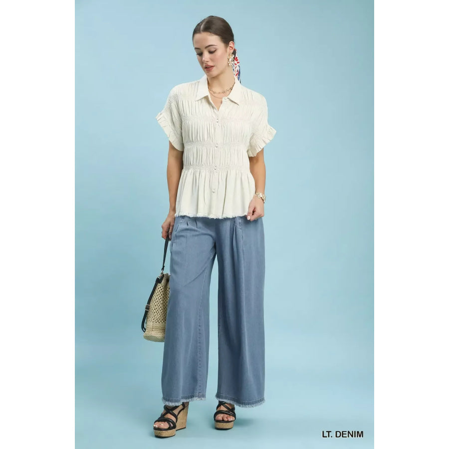 Umgee Stone Washed Wide Leg Pants Apparel and Accessories