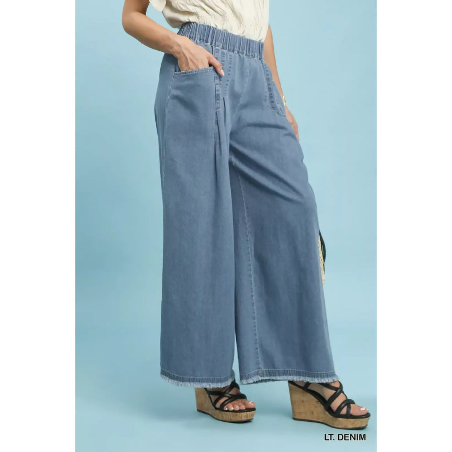 Umgee Stone Washed Wide Leg Pants LT. DENIM / S Apparel and Accessories