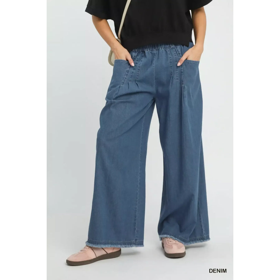 Umgee Stone Washed Wide Leg Pants DENIM / S Apparel and Accessories