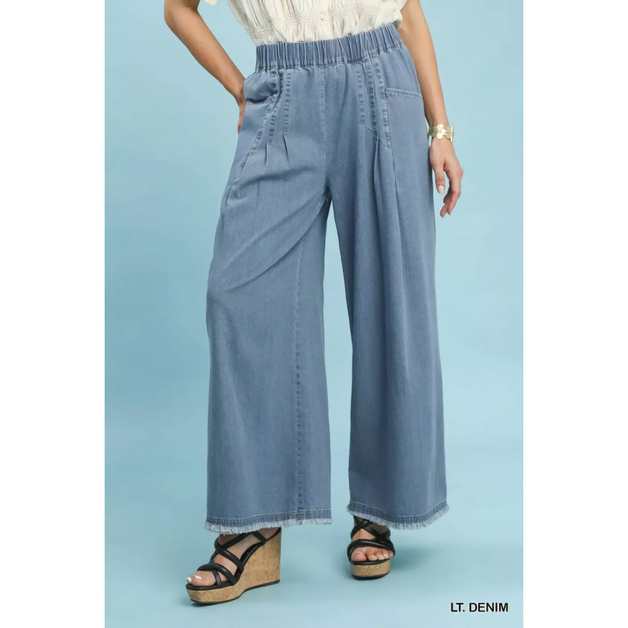 Umgee Stone Washed Wide Leg Pants LT. DENIM / S Apparel and Accessories