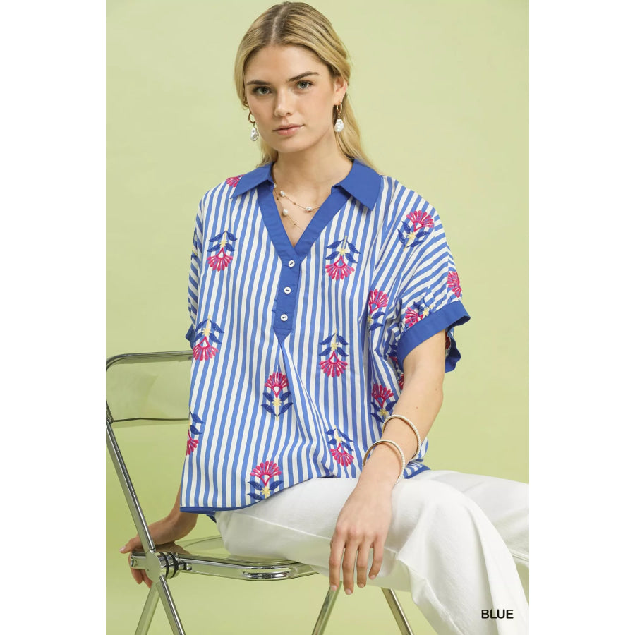 Umgee Stripe Embroidered Button-Front Boho Blouse Apparel and Accessories