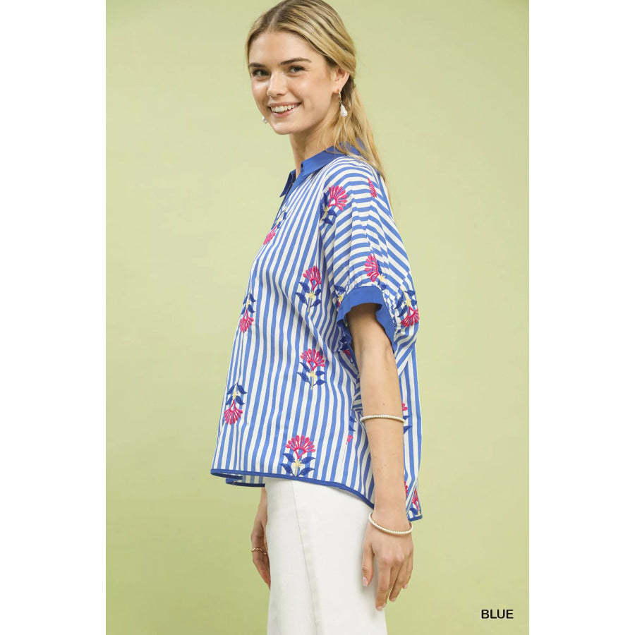 Umgee Stripe Embroidered Button-Front Boho Blouse Apparel and Accessories