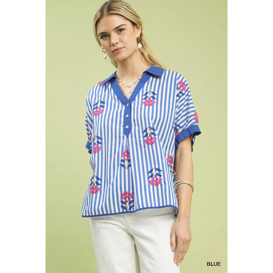 Umgee Stripe Embroidered Button-Front Boho Blouse BLUE / S Apparel and Accessories
