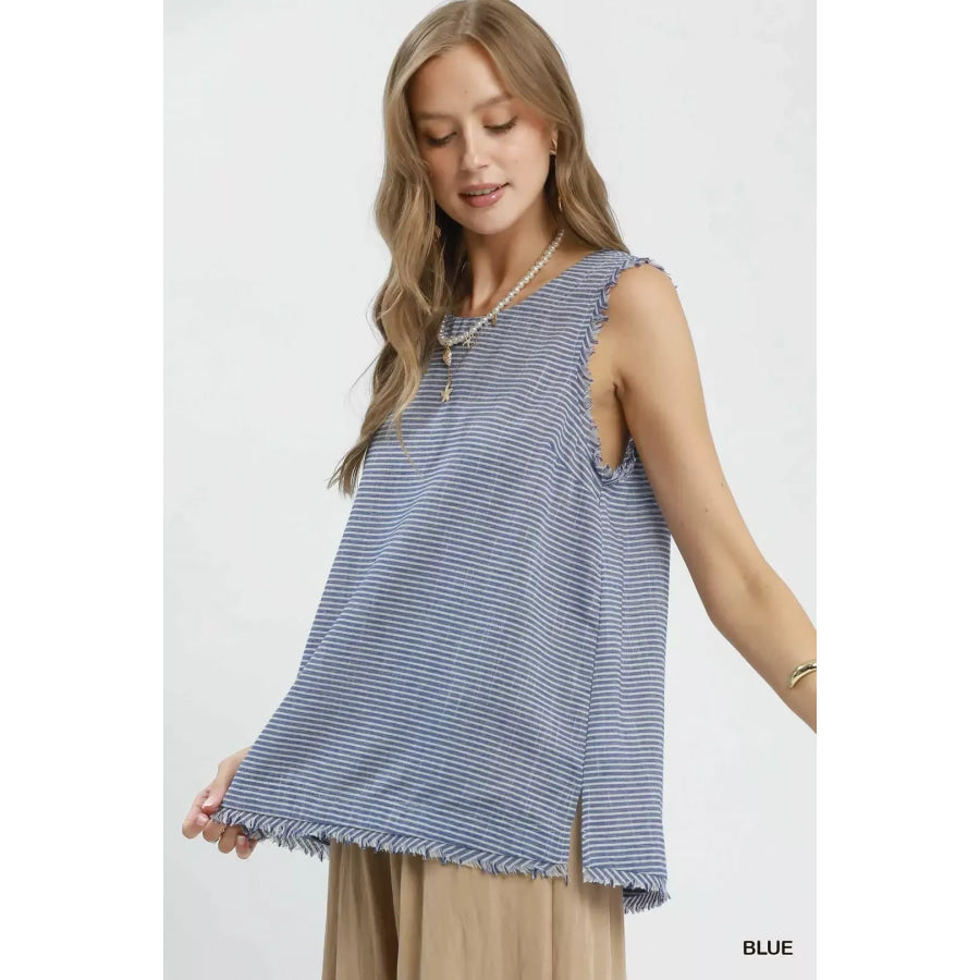 Umgee Stripe Fringe Trim Sleeveless Top BLUE / S Apparel and Accessories