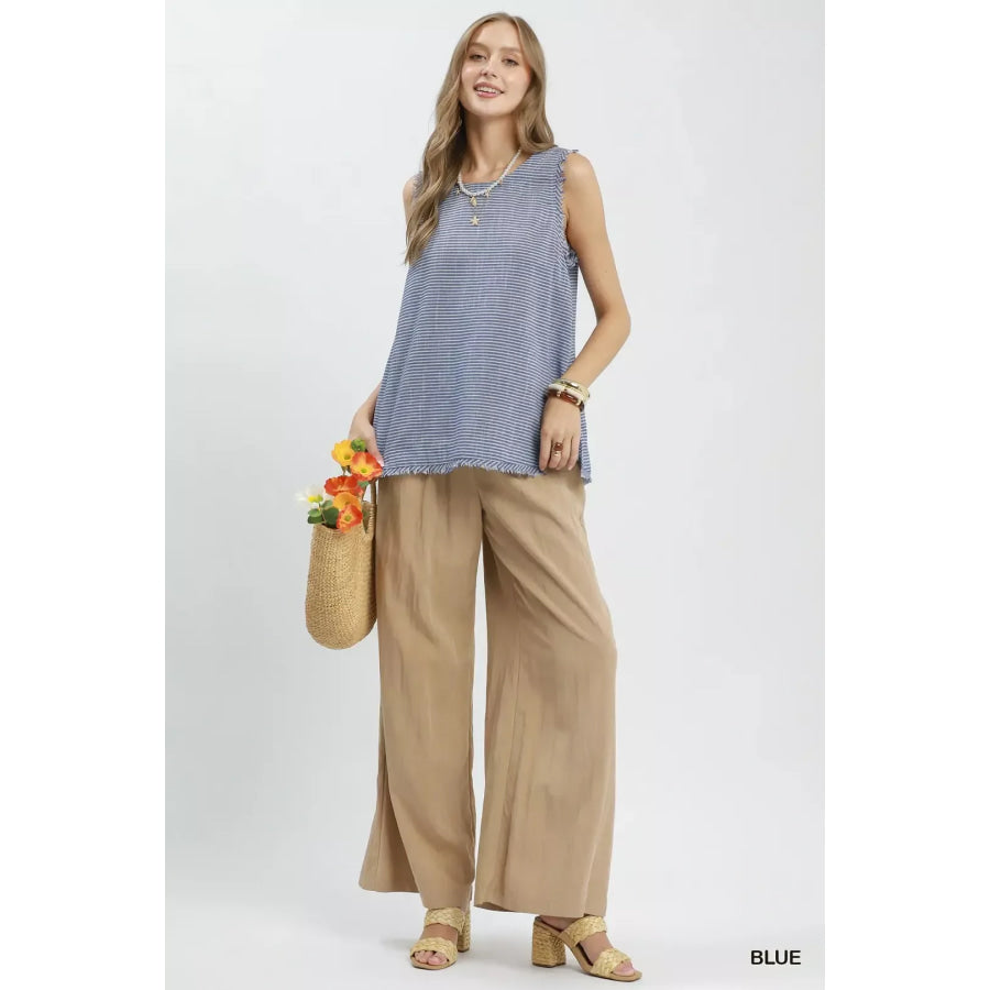 Umgee Stripe Fringe Trim Sleeveless Top Apparel and Accessories