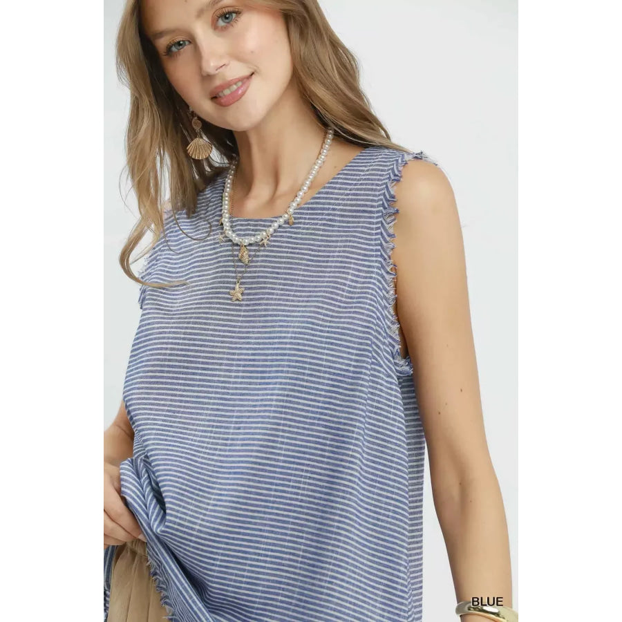 Umgee Stripe Fringe Trim Sleeveless Top Apparel and Accessories