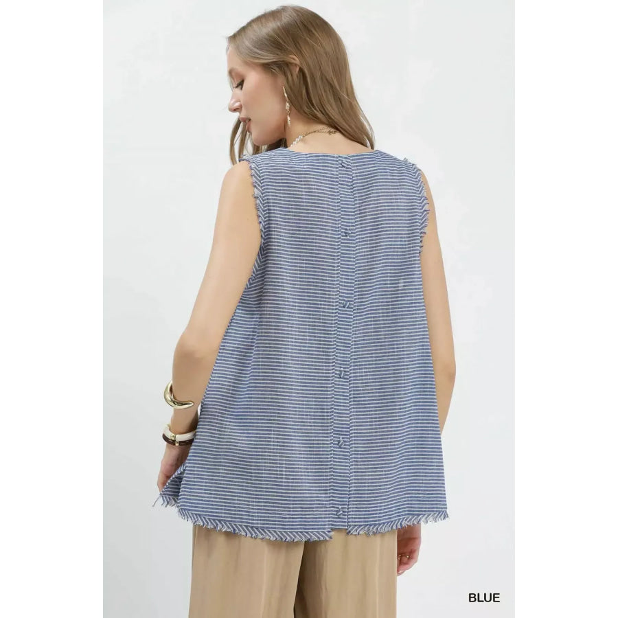 Umgee Stripe Fringe Trim Sleeveless Top Apparel and Accessories