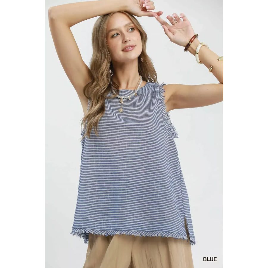 Umgee Stripe Fringe Trim Sleeveless Top BLUE / S Apparel and Accessories