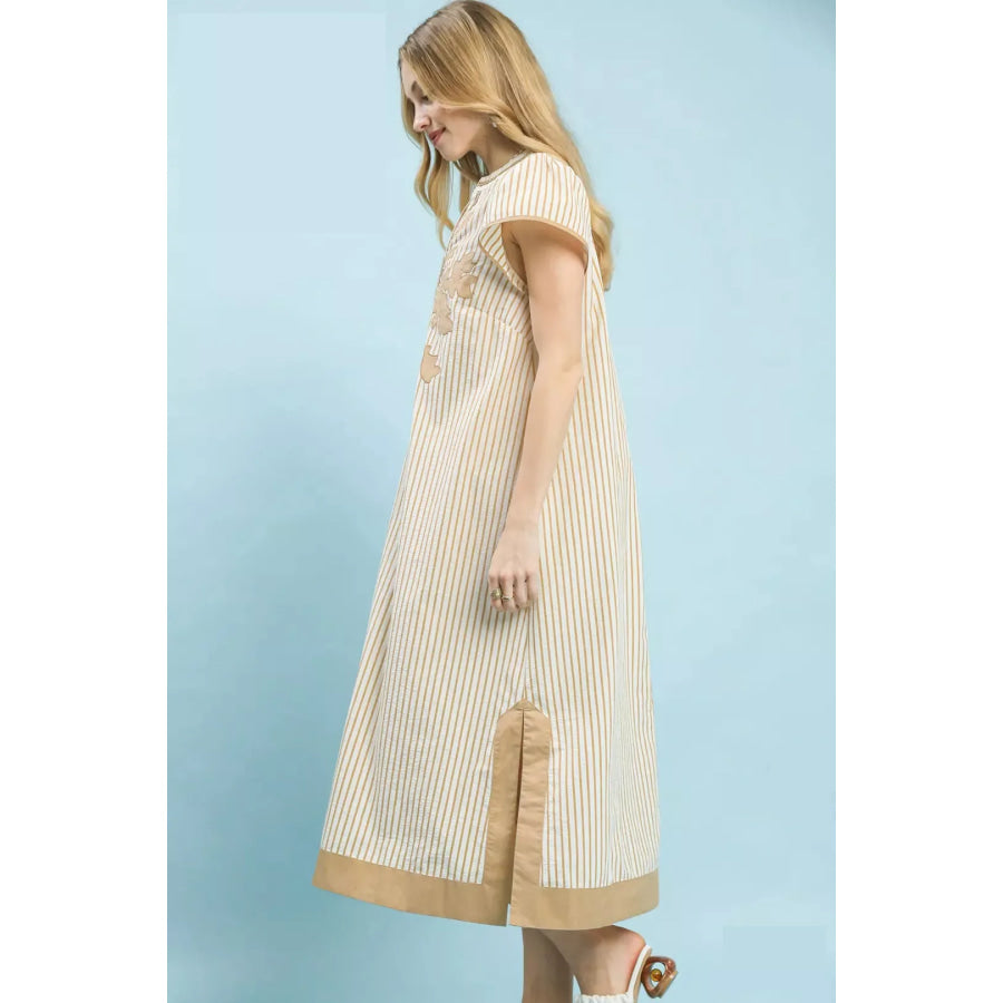 Umgee Stripe Midi Dress with Lace Trim Apparel and Accessories