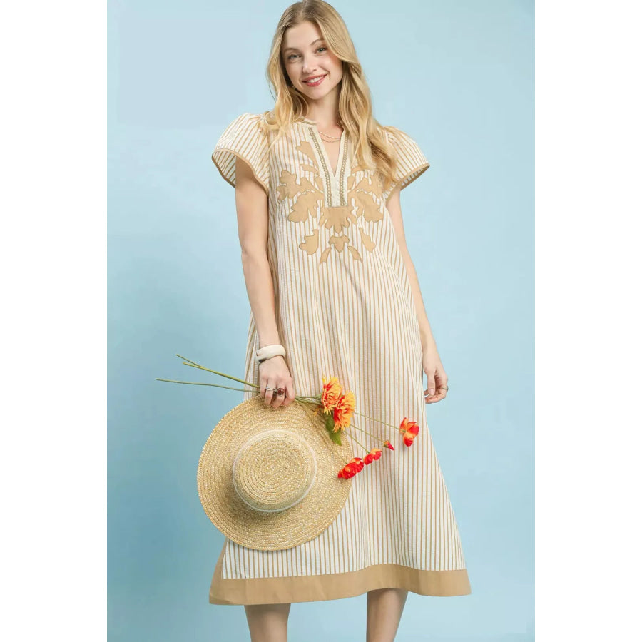 Umgee Stripe Midi Dress with Lace Trim LATTE / S Apparel and Accessories