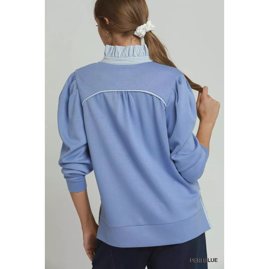 Umgee Stripe Ruffle Neck Long Sleeve Top Apparel and Accessories