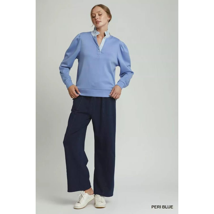 Umgee Stripe Ruffle Neck Long Sleeve Top Apparel and Accessories