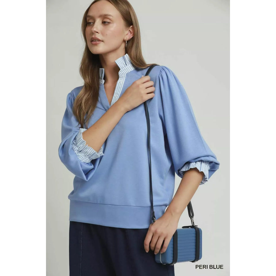 Umgee Stripe Ruffle Neck Long Sleeve Top PERI BLUE / S Apparel and Accessories