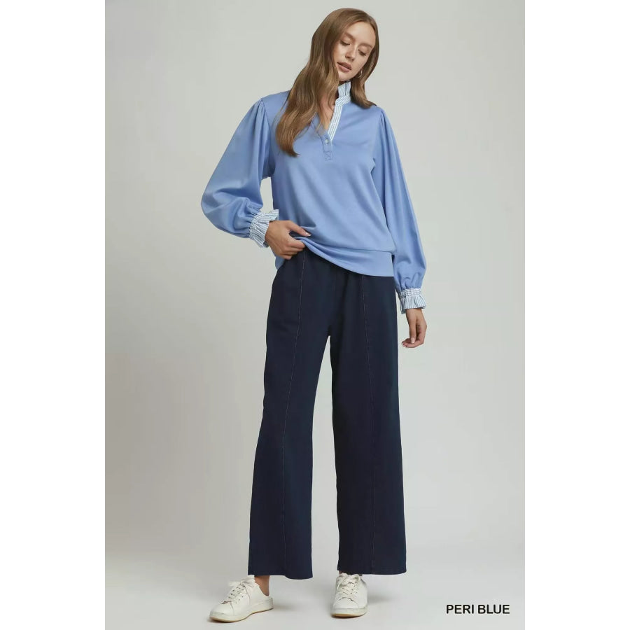 Umgee Stripe Ruffle Neck Long Sleeve Top Apparel and Accessories