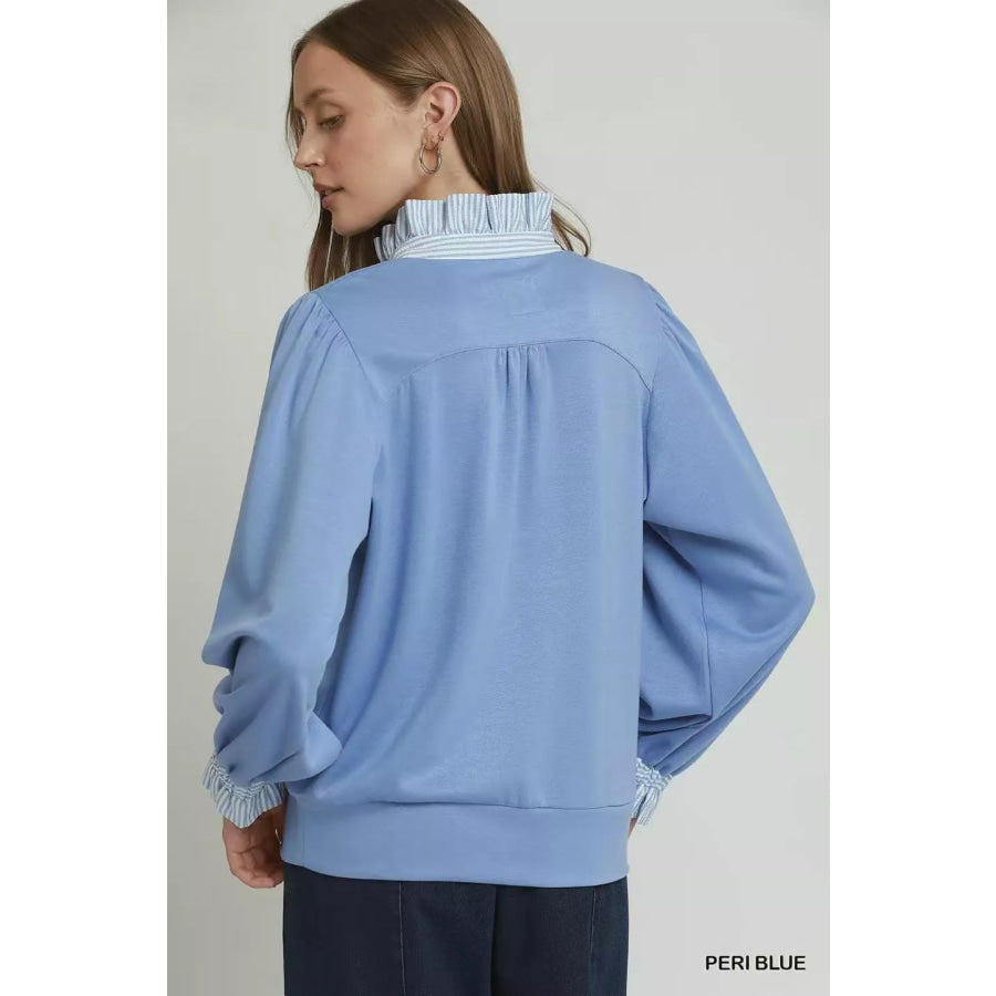 Umgee Stripe Ruffle Neck Long Sleeve Top Apparel and Accessories