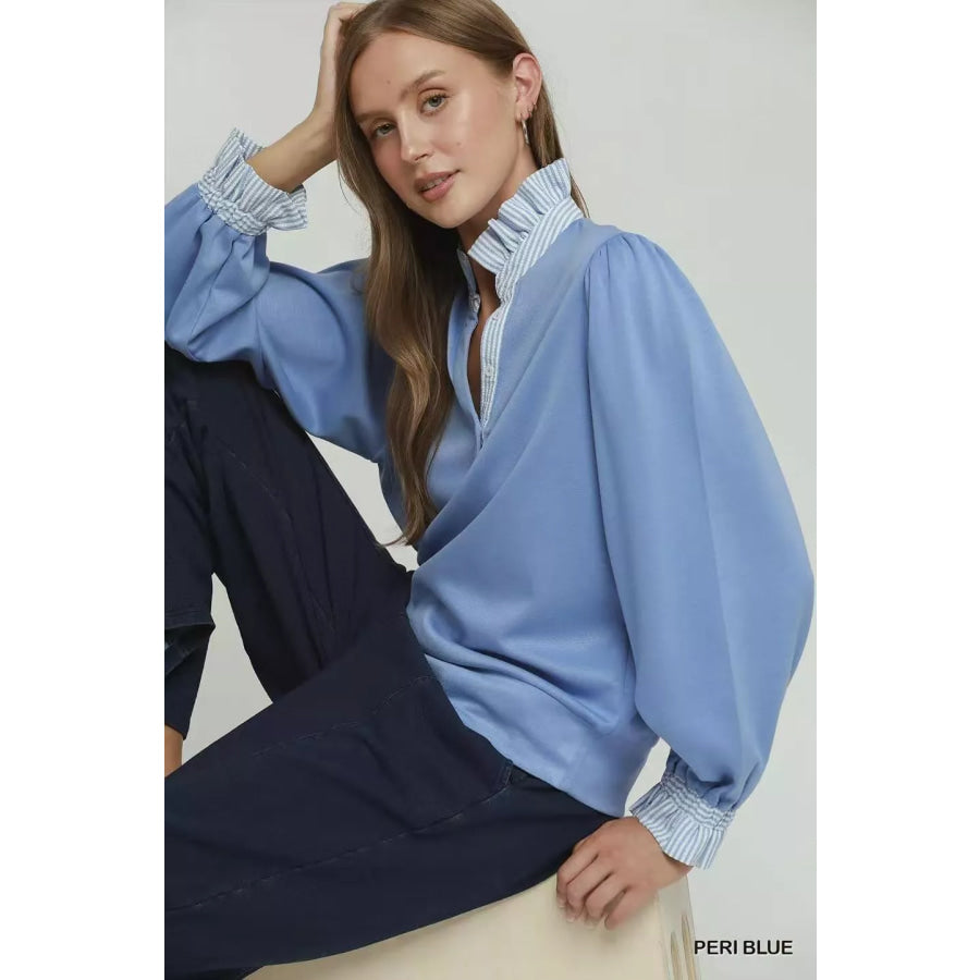 Umgee Stripe Ruffle Neck Long Sleeve Top Apparel and Accessories