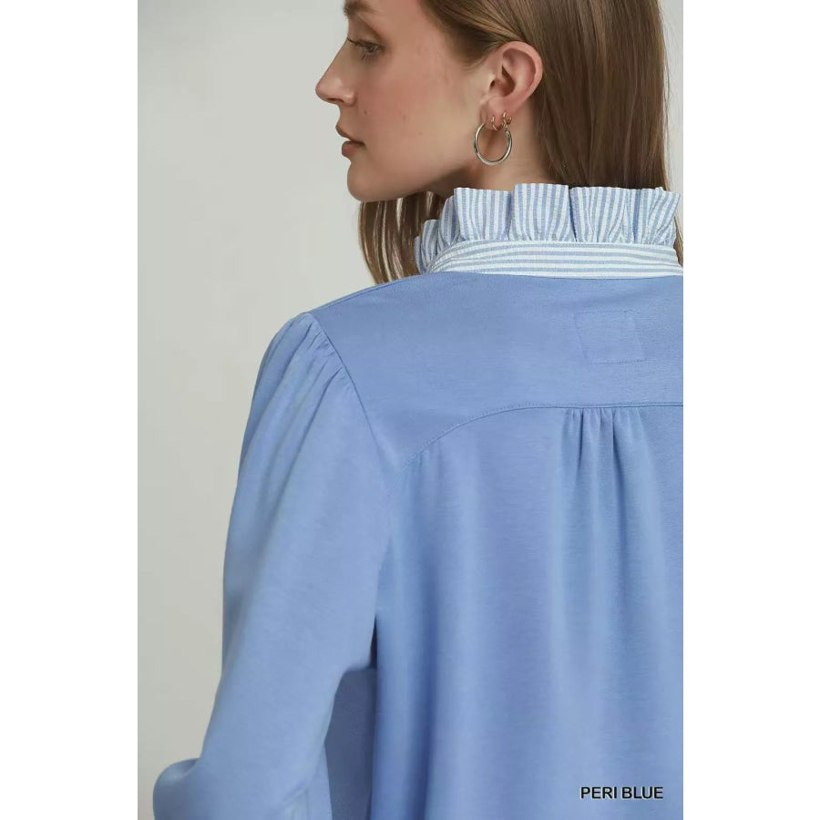 Umgee Stripe Ruffle Neck Long Sleeve Top Apparel and Accessories