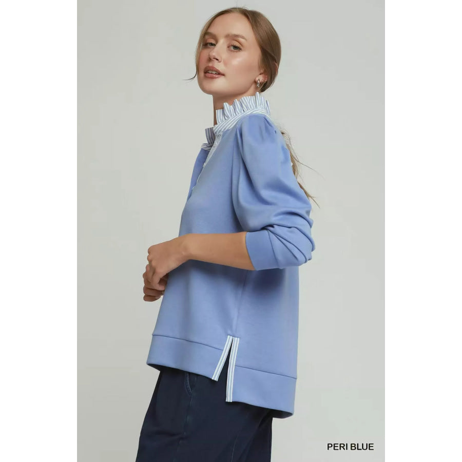 Umgee Stripe Ruffle Neck Long Sleeve Top PERI BLUE / S Apparel and Accessories