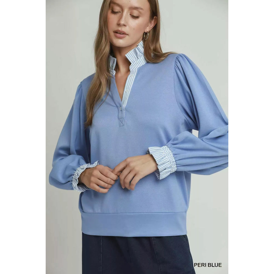 Umgee Stripe Ruffle Neck Long Sleeve Top PERI BLUE / S Apparel and Accessories