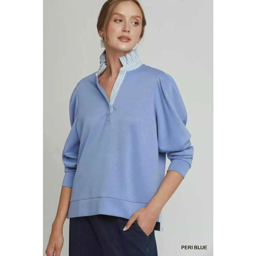 Umgee Stripe Ruffle Neck Long Sleeve Top PERI BLUE / S Apparel and Accessories