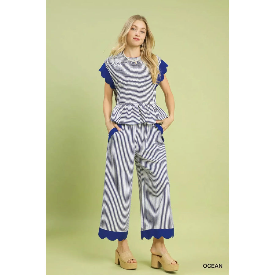 Umgee Stripe Ruffle Sleeve Peplum Top Apparel and Accessories