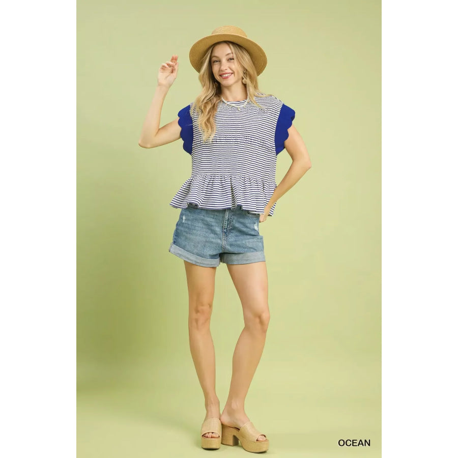 Umgee Stripe Ruffle Sleeve Peplum Top Apparel and Accessories