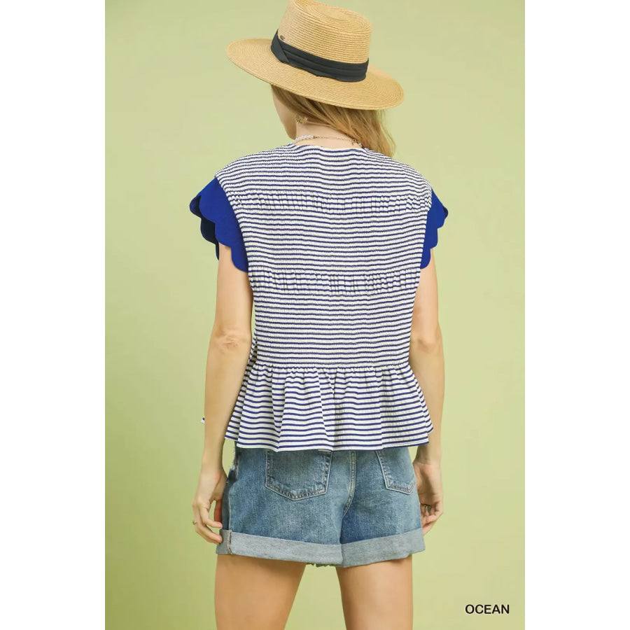 Umgee Stripe Ruffle Sleeve Peplum Top OCEAN / S Apparel and Accessories