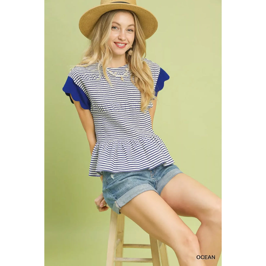 Umgee Stripe Ruffle Sleeve Peplum Top Apparel and Accessories
