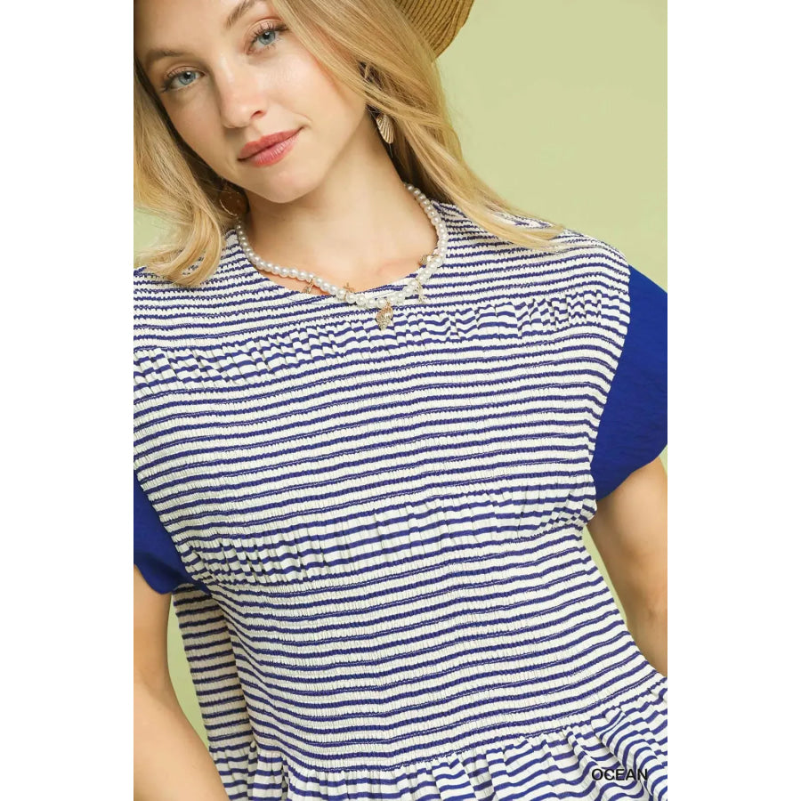 Umgee Stripe Ruffle Sleeve Peplum Top Apparel and Accessories