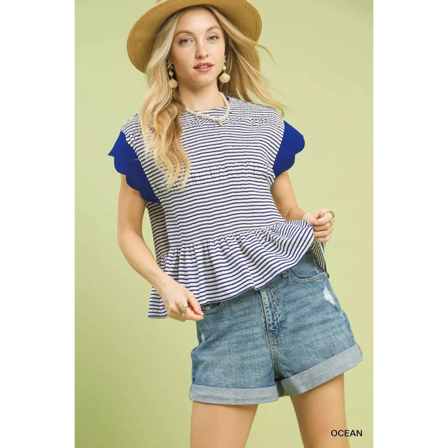 Umgee Stripe Ruffle Sleeve Peplum Top OCEAN / S Apparel and Accessories