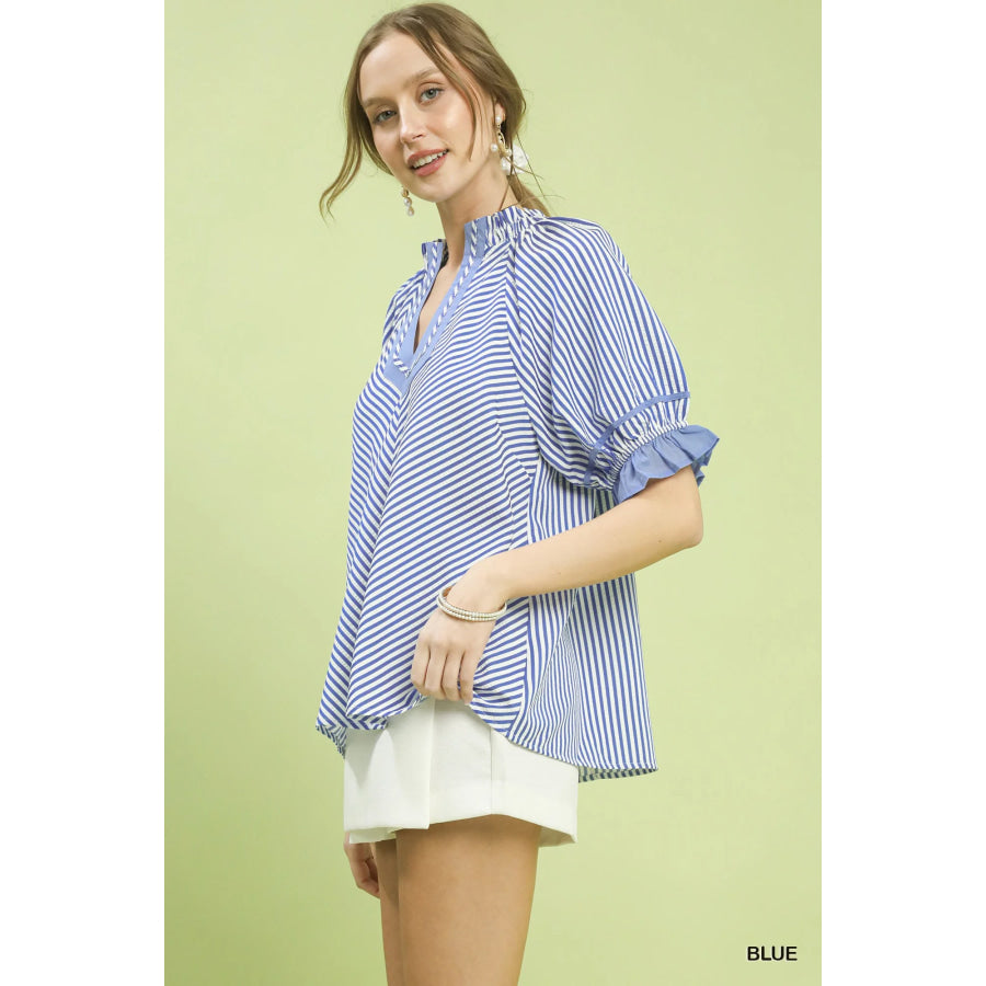 Umgee Stripe Ruffle Sleeve Split-Neck Blouse Apparel and Accessories