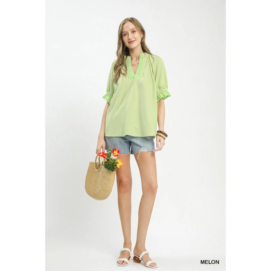 Umgee Stripe Ruffle Sleeve Split-Neck Blouse Apparel and Accessories