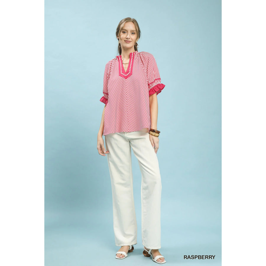 Umgee Stripe Ruffle Sleeve Split-Neck Blouse Apparel and Accessories