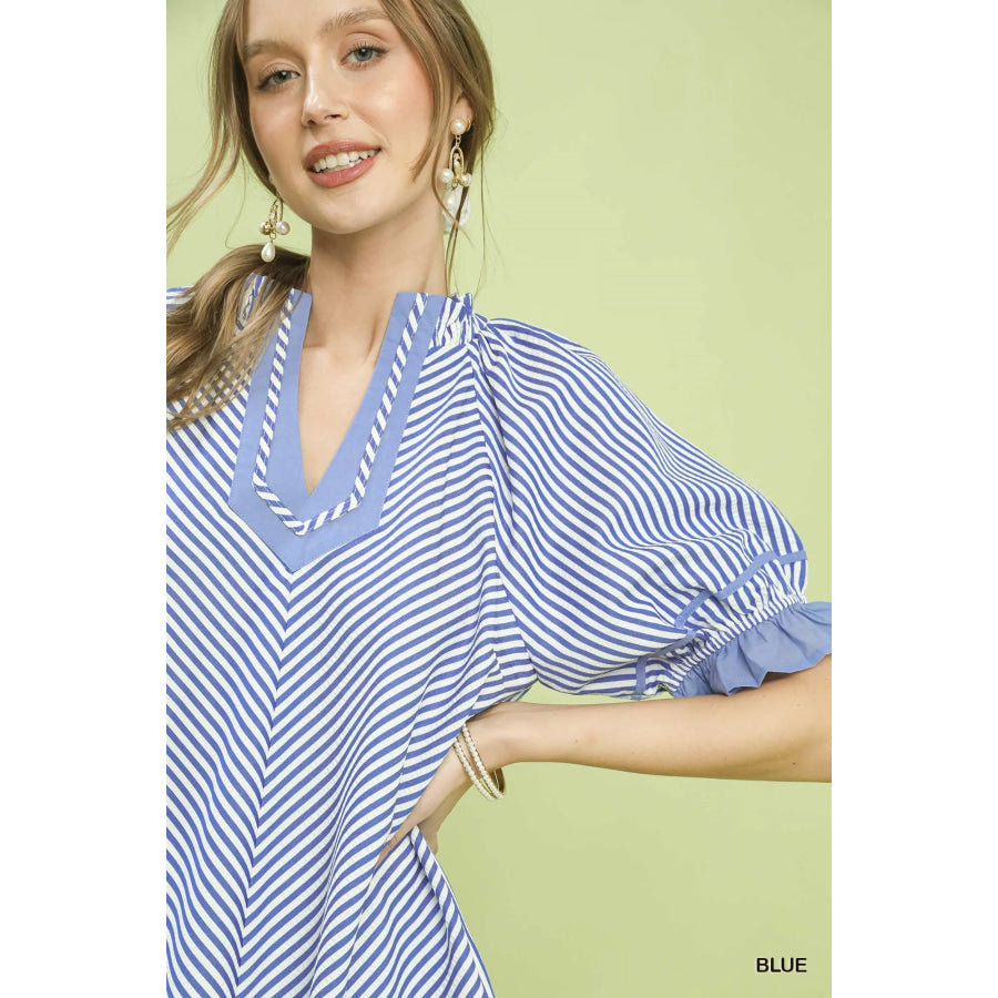 Umgee Stripe Ruffle Sleeve Split-Neck Blouse Apparel and Accessories