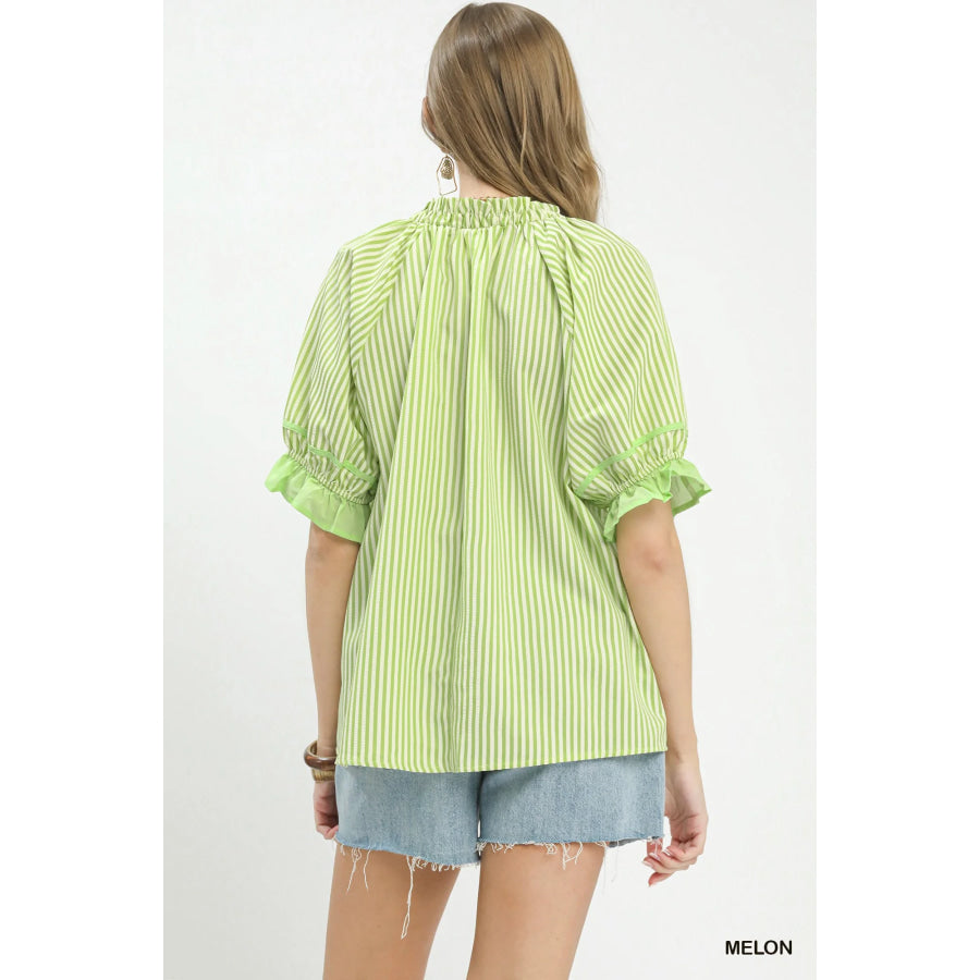 Umgee Stripe Ruffle Sleeve Split-Neck Blouse Apparel and Accessories