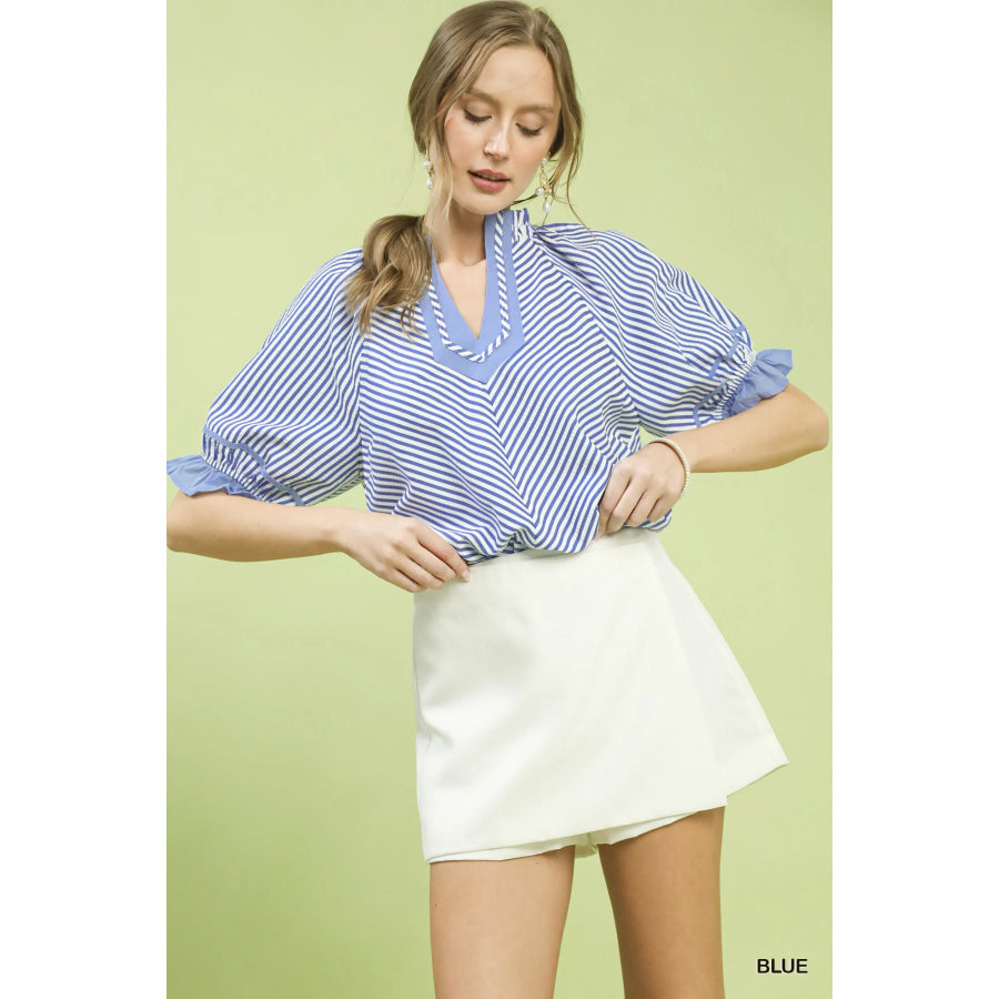 Umgee Stripe Ruffle Sleeve Split-Neck Blouse Blue / S Apparel and Accessories