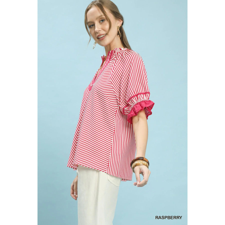 Umgee Stripe Ruffle Sleeve Split-Neck Blouse Apparel and Accessories