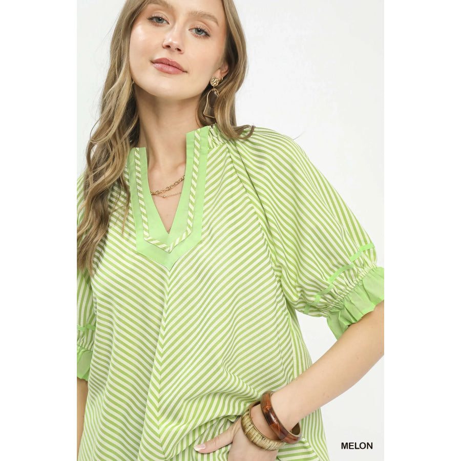 Umgee Stripe Ruffle Sleeve Split-Neck Blouse Apparel and Accessories