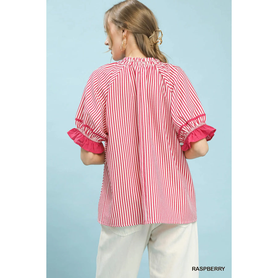 Umgee Stripe Ruffle Sleeve Split-Neck Blouse Apparel and Accessories