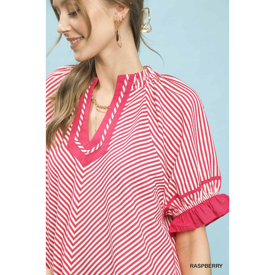 Umgee Stripe Ruffle Sleeve Split-Neck Blouse Apparel and Accessories