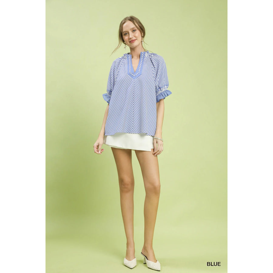 Umgee Stripe Ruffle Sleeve Split-Neck Blouse Apparel and Accessories
