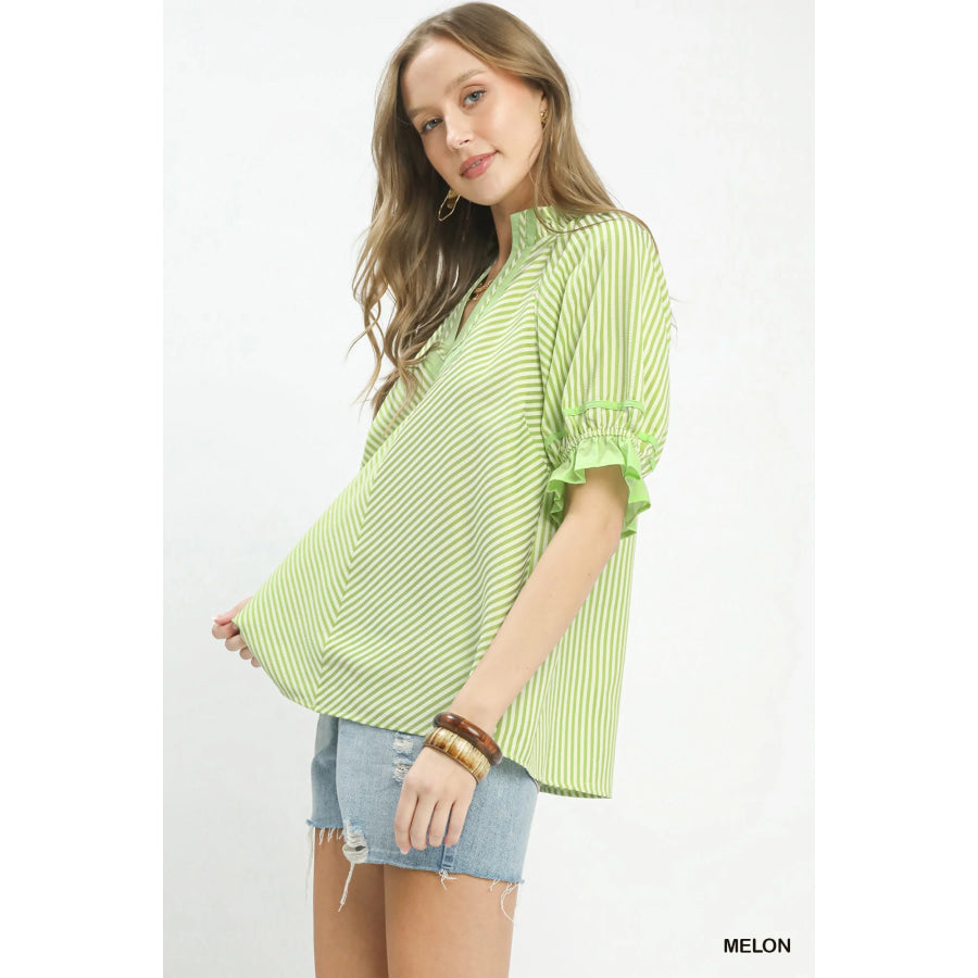 Umgee Stripe Ruffle Sleeve Split-Neck Blouse Apparel and Accessories