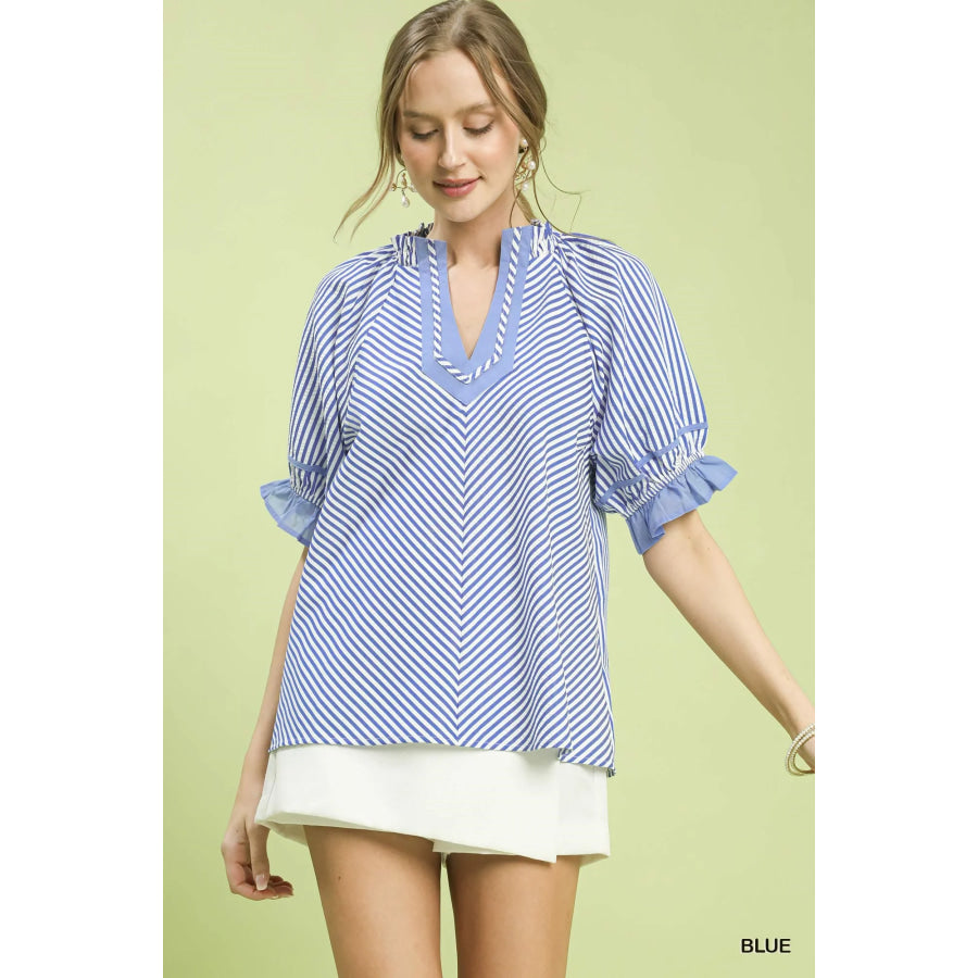 Umgee Stripe Ruffle Sleeve Split-Neck Blouse Blue / S Apparel and Accessories