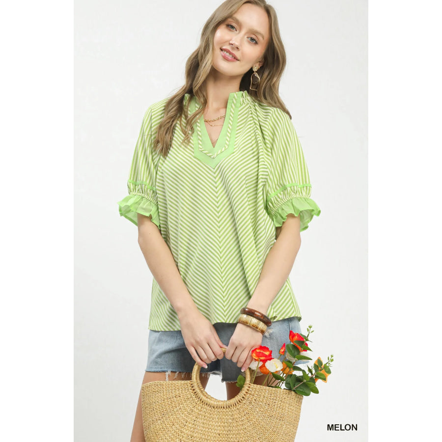 Umgee Stripe Ruffle Sleeve Split-Neck Blouse MELON / S Apparel and Accessories
