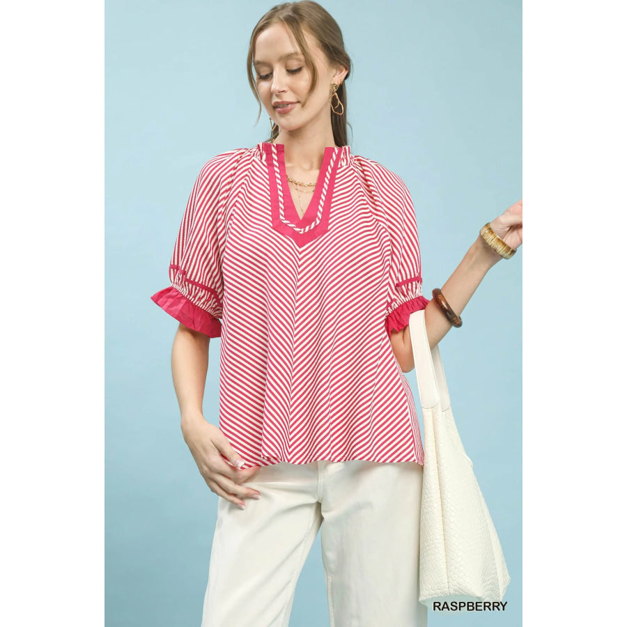 Umgee Stripe Ruffle Sleeve Split-Neck Blouse RASPBERRY / S Apparel and Accessories