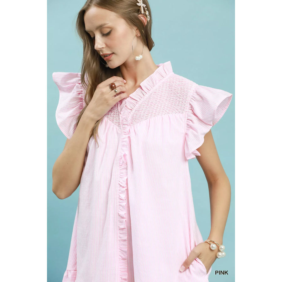 Umgee Stripe Smocked Yoke Ruffle Dress Apparel and Accessories