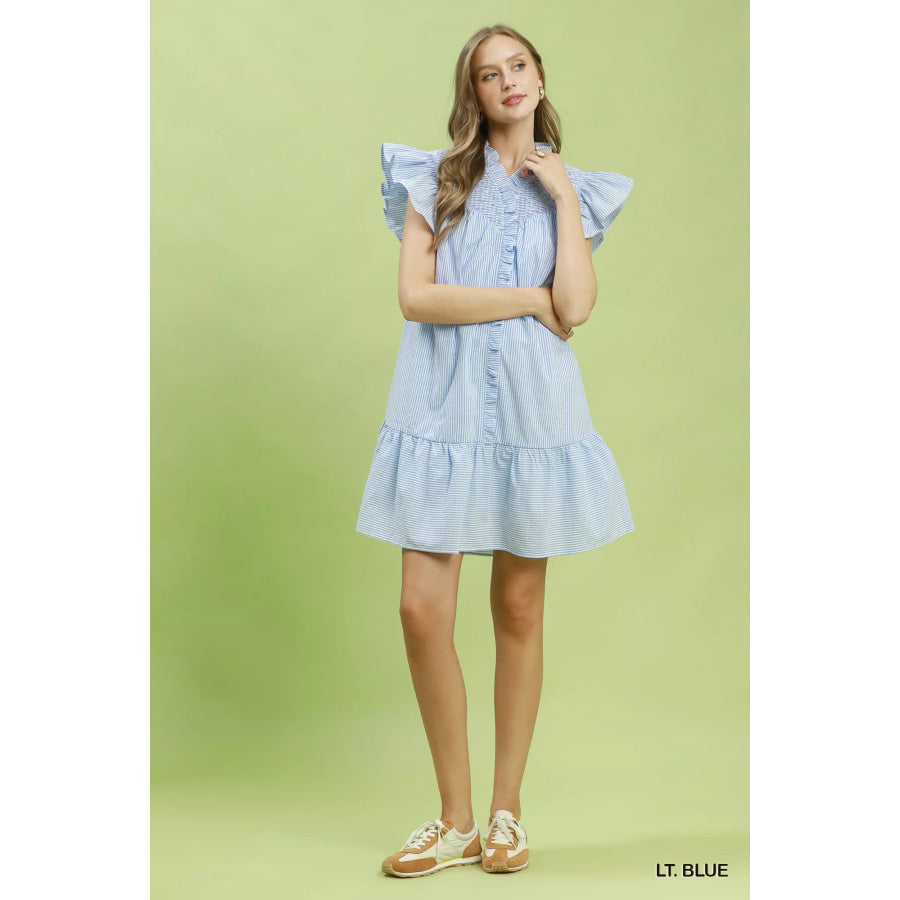 Umgee Stripe Smocked Yoke Ruffle Dress Apparel and Accessories